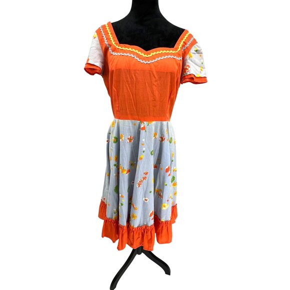 Vintage Handmade Peasant Dress Sweetheart Neckline Orange Floral Print Rick Rack - Picture 3 of 8
